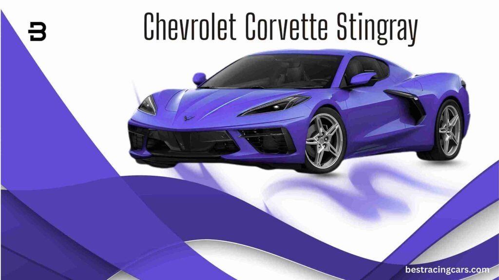 A front-three-quarter view of a purple Chevrolet Corvette Stingray coupe, showcasing its mid-engine proportions, sharp body lines, and aggressive front fascia.