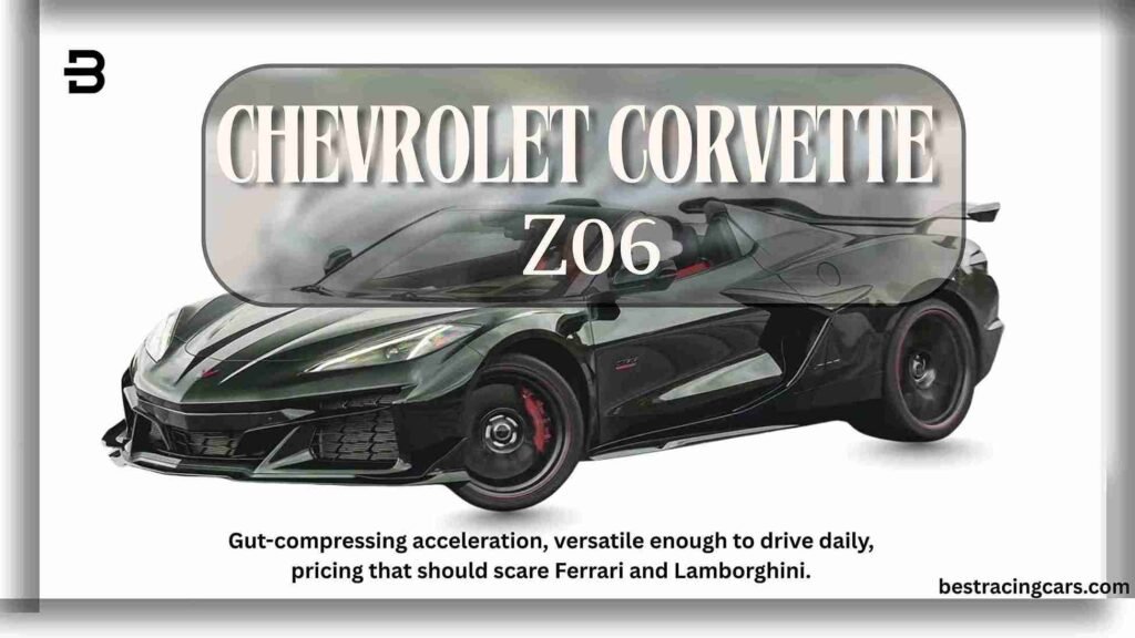 A wide-body black Chevrolet Corvette Z06 showcasing its aggressive aerodynamic kit, large rear wing, and center-exit exhaust, emphasizing its track-focused design.