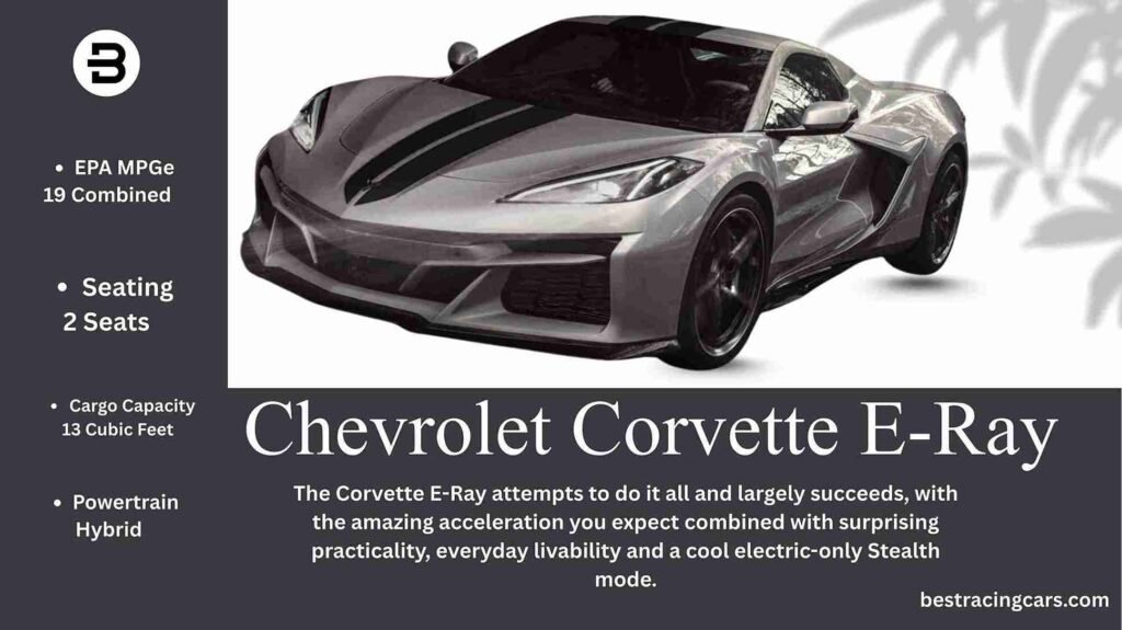 A front-three-quarter view of a rapid blue Chevrolet Corvette E-Ray hybrid supercar, showcasing its aggressive stance, sculpted hood, and signature Corvette design.