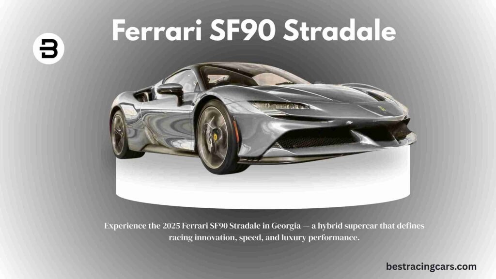 2025 Ferrari SF90 Stradale, a red hybrid supercar, parked on a scenic road in Georgia, USA.