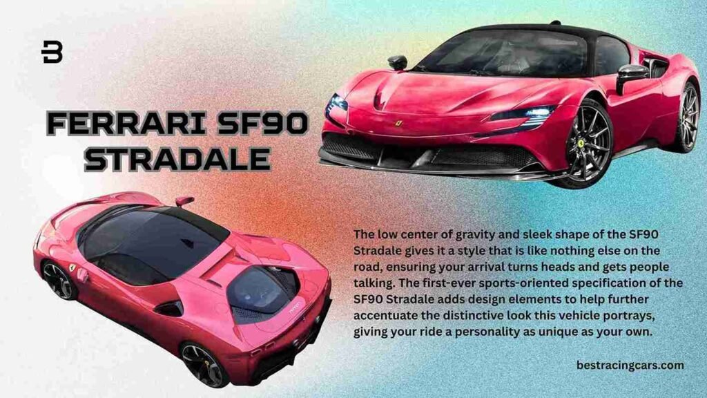 Ferrari SF90 Stradale, a sleek red sports car with a low center of gravity, parked and showcasing its aggressive design.