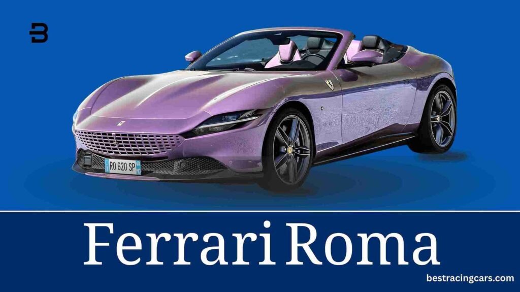 A sophisticated  Ferrari Roma coupe parked on a city street, showcasing its elegant, long hood, refined lines, and classic GT proportions.