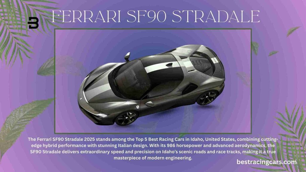 Ferrari SF90 Stradale, a red hybrid hypercar, on a scenic road representing the Top 5 Best Racing Cars in Idaho.