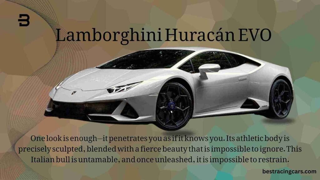 The aggressive, low-slung profile of a white Lamborghini Huracán EVO supercar, showcasing its sharp aerodynamic lines, signature Y-shaped LED headlights, and massive air intakes.