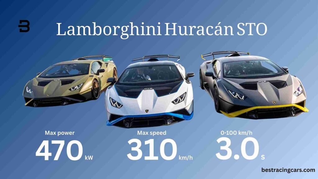 A track-focused Lamborghini Huracán STO in a racing livery, showcasing its extreme aerodynamic carbon fiber bodywork, massive rear wing, and roof-mounted air intake.