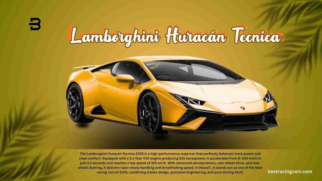 Yellow Lamborghini Huracán Tecnica supercar on a winding road with lush Hawaiian greenery.