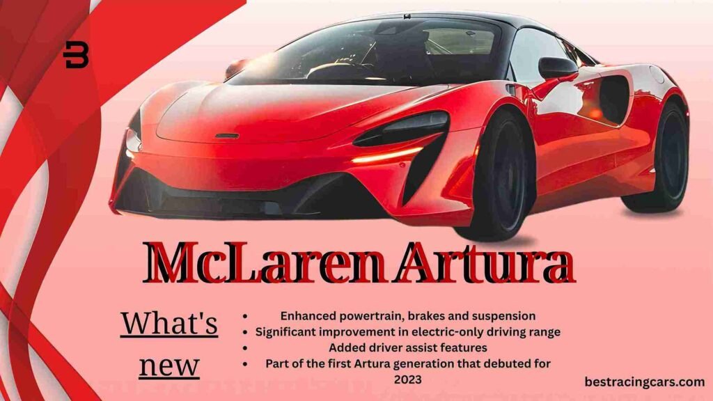 A sleek, red McLaren Artura hybrid supercar, captured from a low front angle to highlight its dramatic dihedral doors, aerodynamic shape, and distinctive LED headlights.