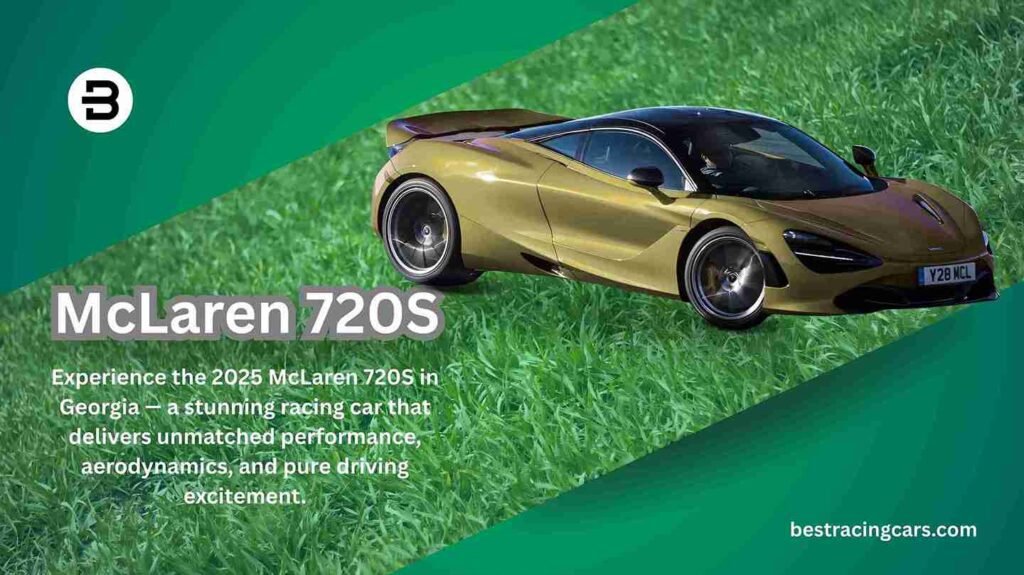2025 McLaren 720S, a sleek supercar with dihedral doors open, parked in a showroom setting in Georgia.