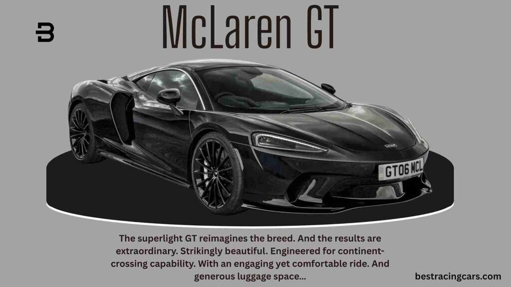 A sleek, bronze-black McLaren GT grand tourer, showcasing its elegant and flowing profile, dihedral doors, and distinctive rear light signature.