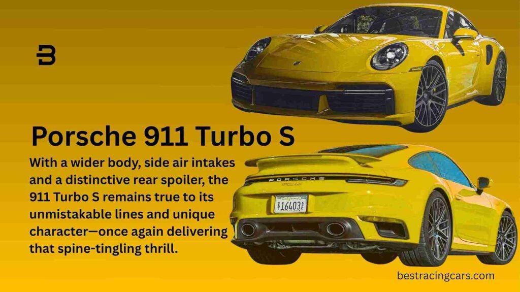 Porsche 911 Turbo S, a wide-bodied blue supercar, showcasing its iconic design and large rear spoiler.