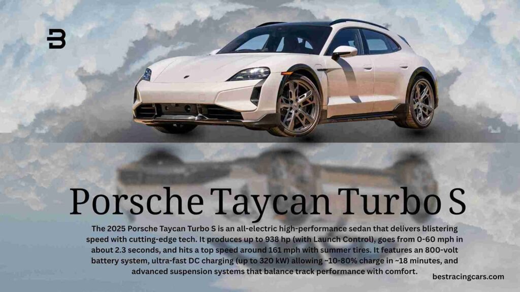 Porsche Taycan Turbo S electric sports car driving on a scenic coastal highway in Hawaii.