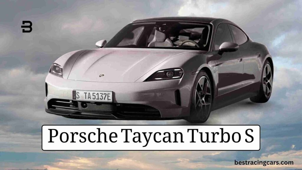 white Porsche Taycan Turbo S electric sports car parked, a top-performing EV for Idaho roads.