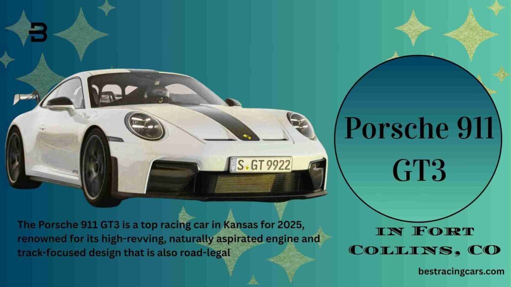 A Porsche 911 GT3 in a sleek white, captured from a low rear angle to highlight its iconic shape, large rear wing, and center-mounted dual exhaust.