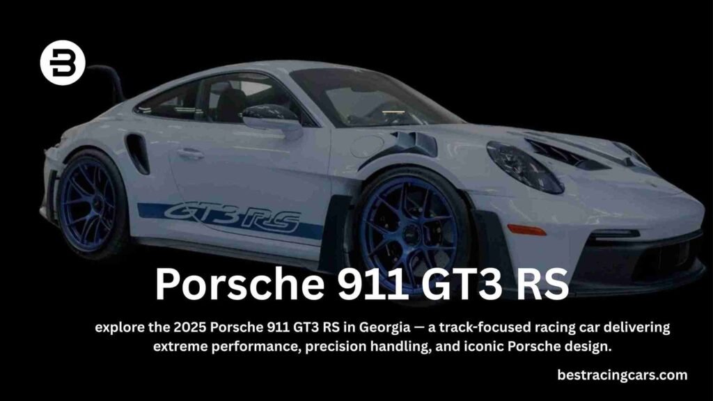 2025 Porsche 911 GT3 RS in a dynamic stance, showcasing its massive rear wing and track-focused aerodynamics in Georgia, USA.