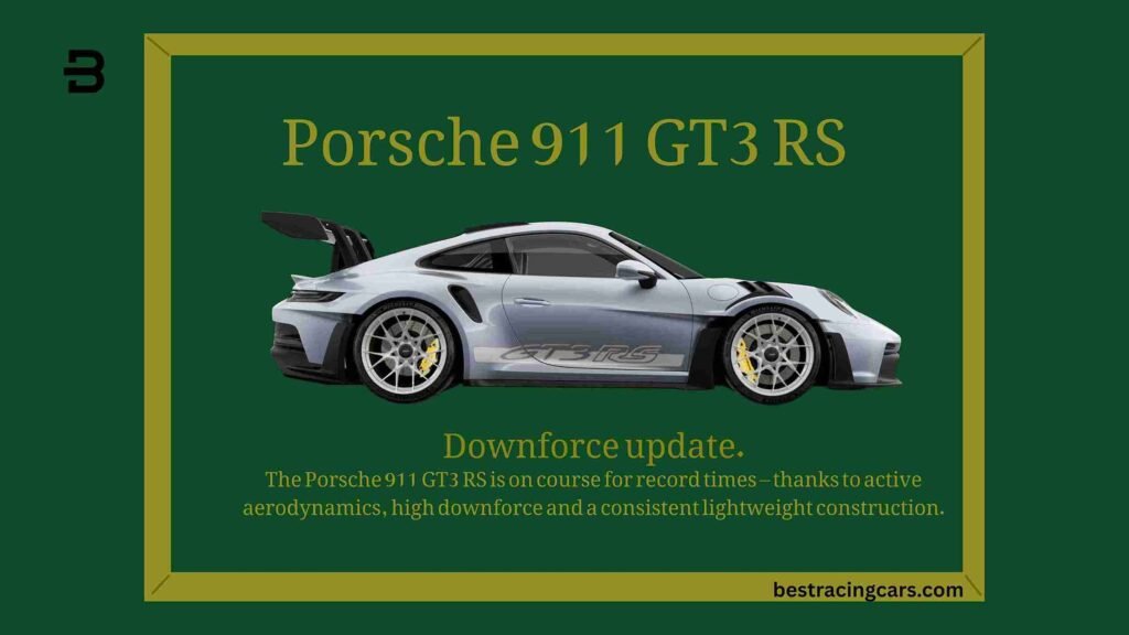 A track-focused Porsche 911 GT3 RS in a vibrant color, showcasing its massive rear wing, aggressive front splitter, and swan-neck aerodynamics.