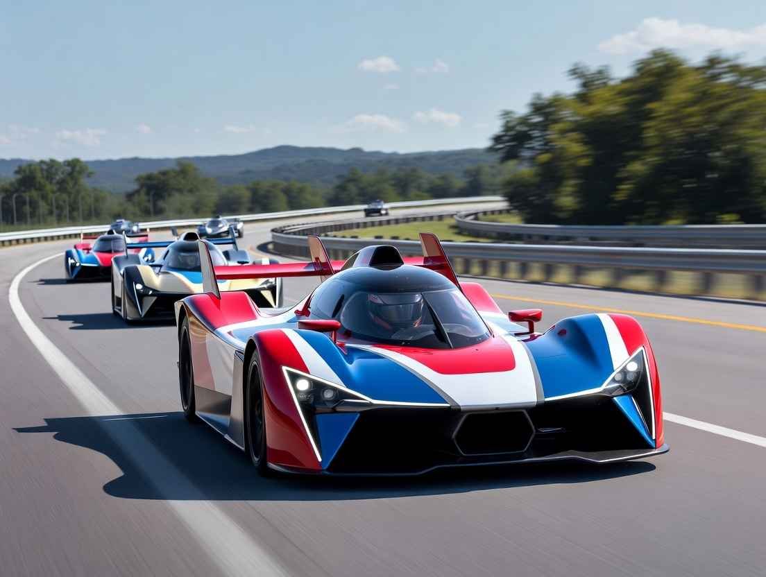 Electric racing car 2026 speeding on US highway, showcasing instant torque and regenerative braking features for American road driving