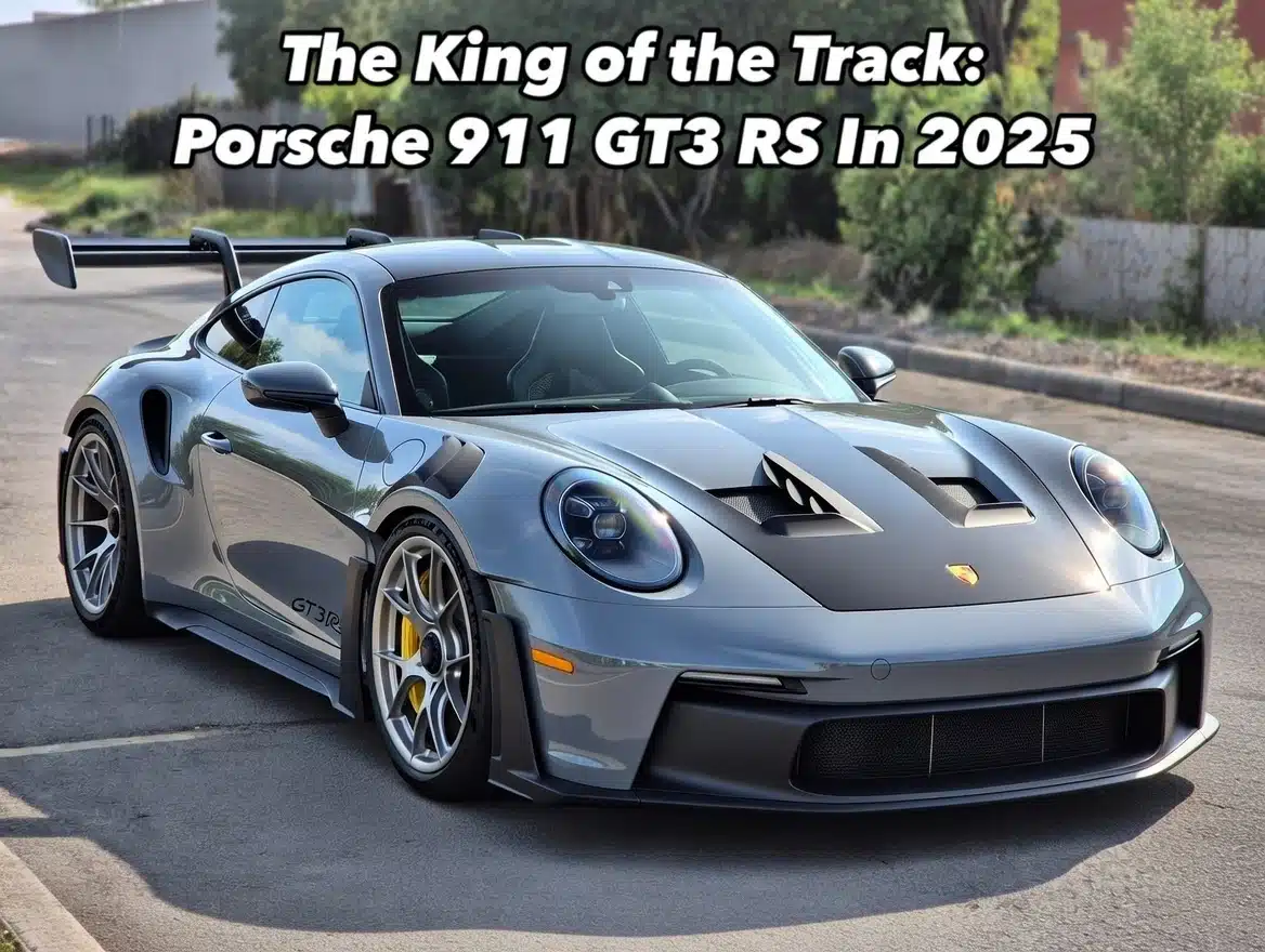 "2025 Porsche 911 GT3 RS in Ice Grey Metallic with Weissach package parked on a racetrack" 