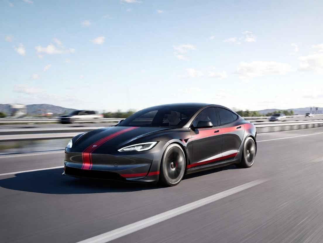 Tesla Model S Plaid black with red stripes high-performance electric racing car speeding on US highway 2026