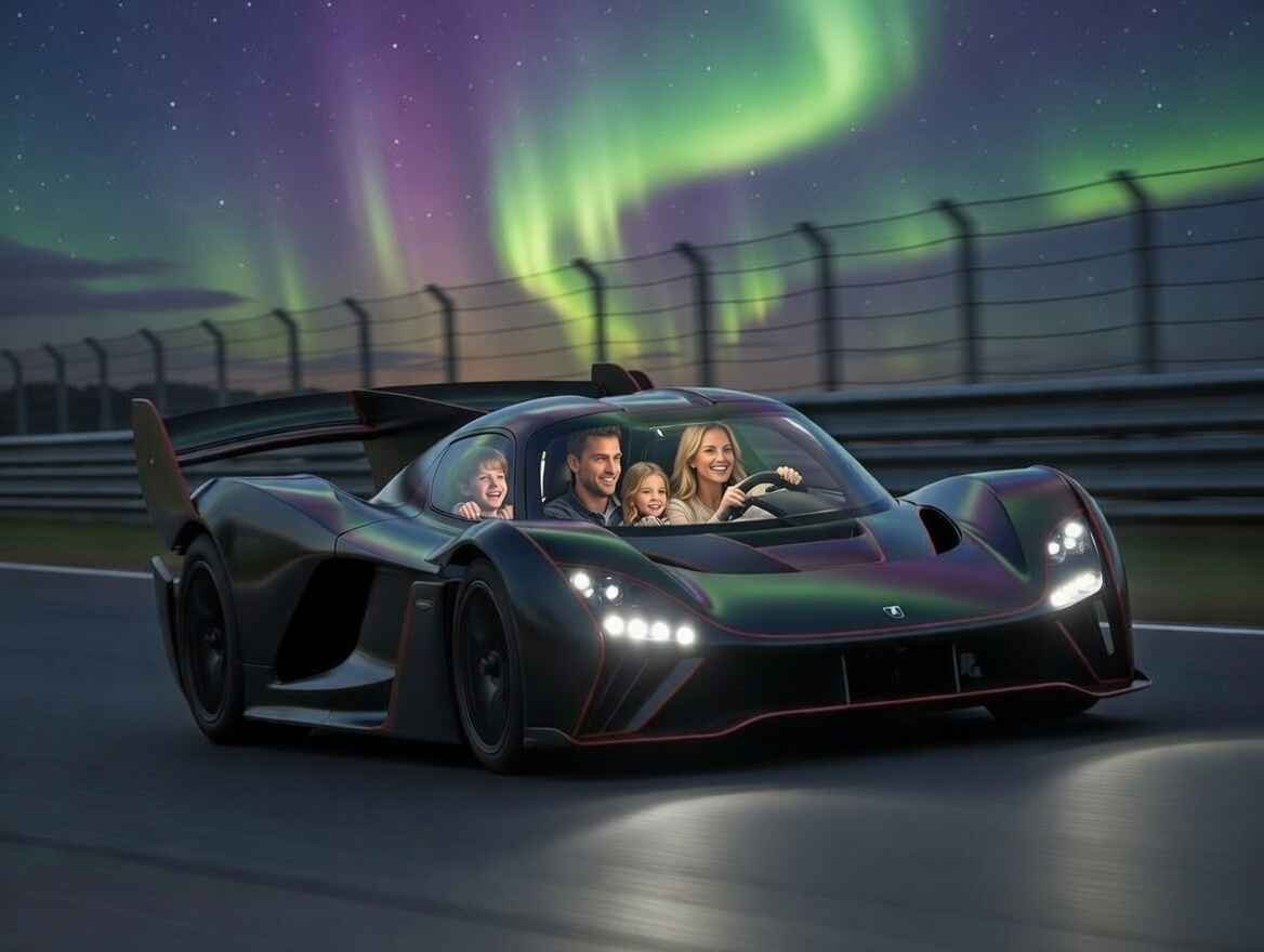 "Aspark Owl hypercar at 249 mph (400 km/h) or more – Japanese acceleration beast speeding on racetrack, fastest production cars 2026"