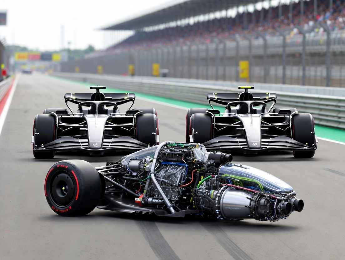 "2026 F1 cars racing on circuit with exposed hybrid power unit – illustrating how new regulations, active aero, and 50/50 hybrid will transform overtaking and racing strategy"