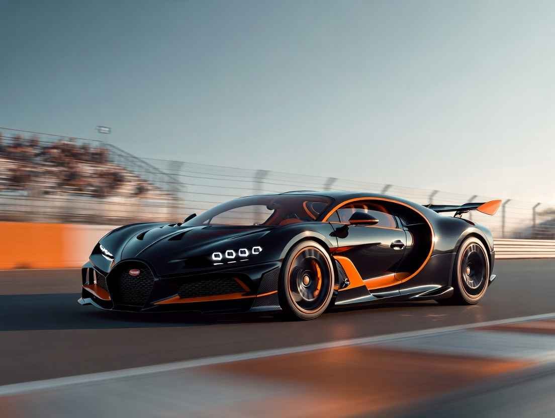 "Bugatti Tourbillon hypercar at 277 mph (446 km/h) – hybrid V16 beast in high-speed action on racetrack, fastest production cars 2026"