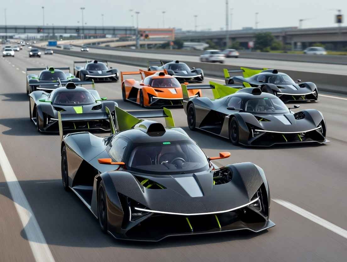 Dynamic group of high-performance electric racing cars 2026 racing on urban US freeway bridge, sleek EV designs for everyday driving