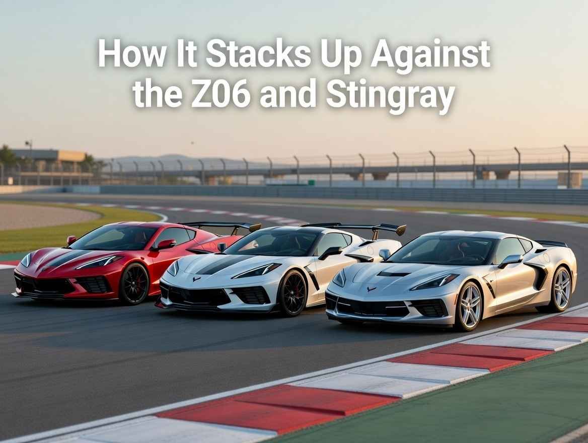 Side-by-side comparison of 2026 Corvette ZR1, Z06, and Stingray on racetrack showing performance differences
