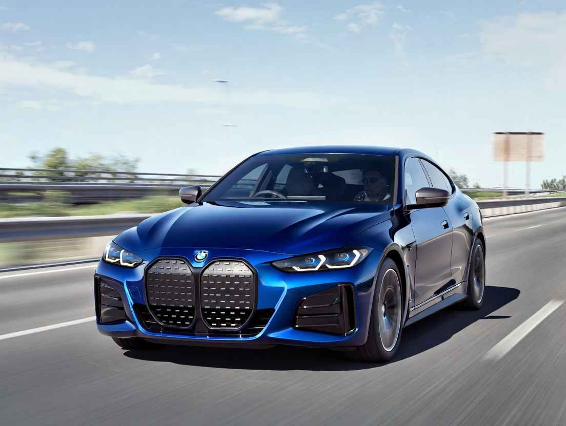 BMW i4 M60 blue high-performance electric car speeding on US highway 2026