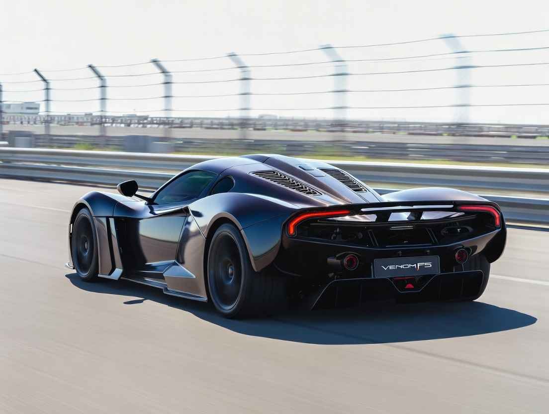 "Hennessey Venom F5 hypercar at 272 mph (437 km/h) – American top speed beast in motion on racetrack, fastest production cars 2026"