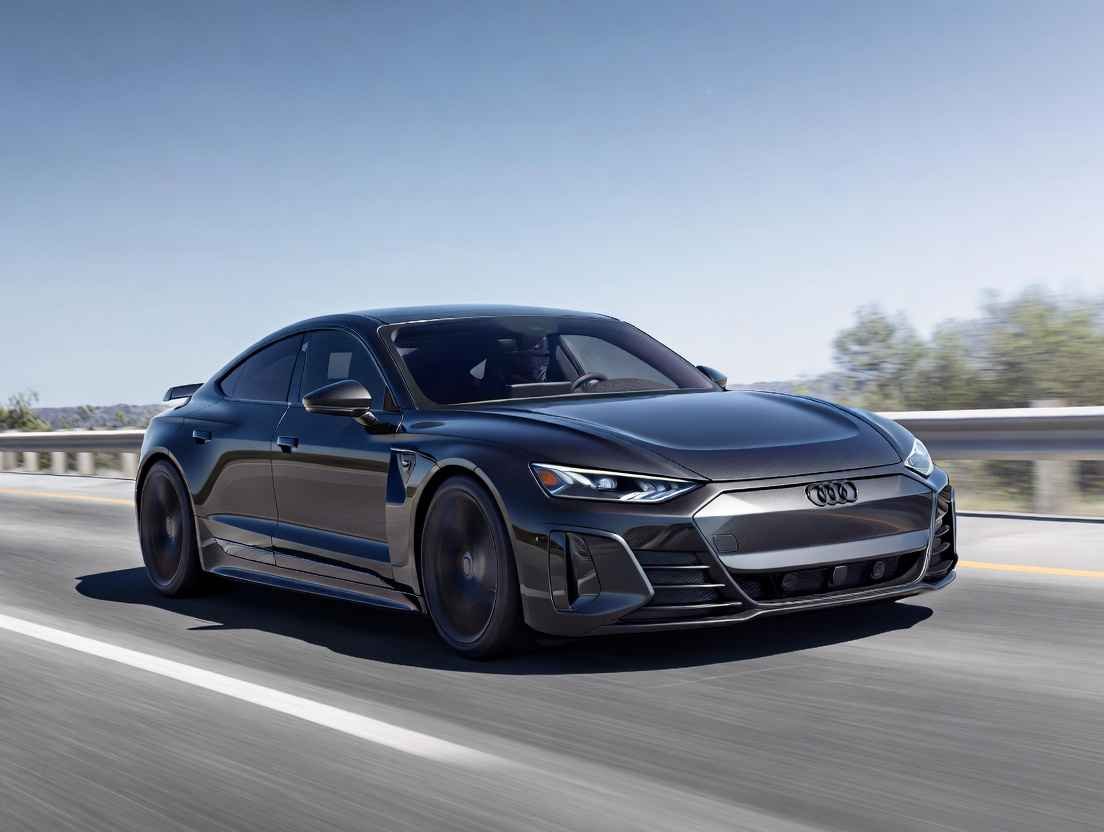 Audi RS e-tron GT dark grey performance EV driving fast on curved US freeway, 2026 model