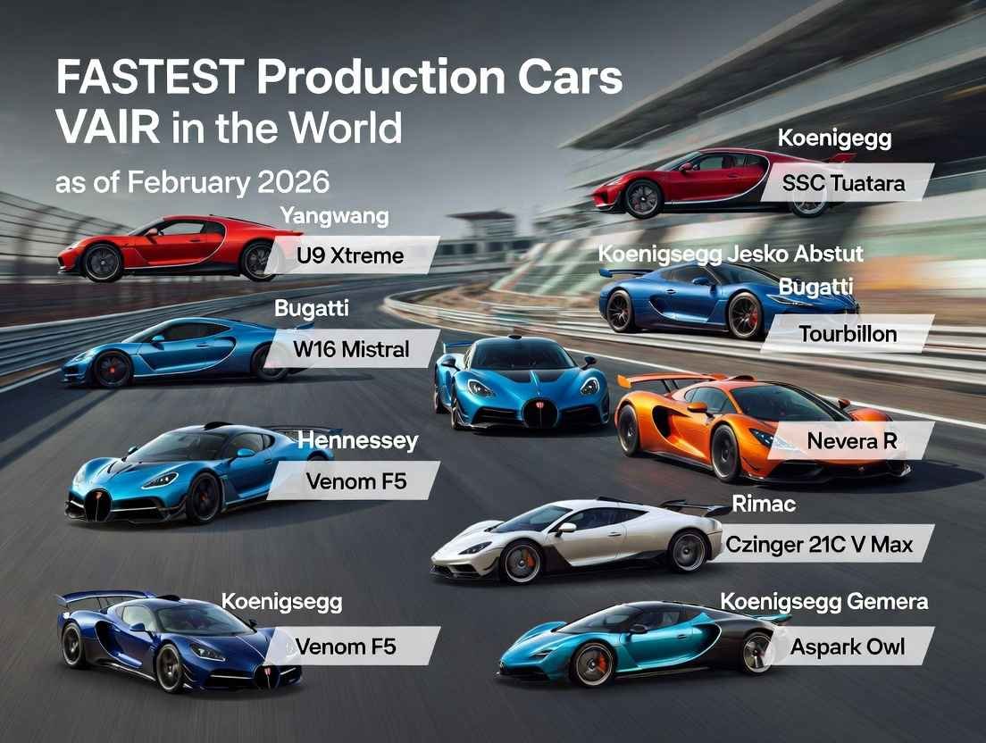 Top 10 Fastest Production Cars in the World 2026 – Yangwang U9 Xtreme, Koenigsegg Jesko Absolut, SSC Tuatara, Bugatti Tourbillon, Rimac Nevera R and more hypercars racing on track"