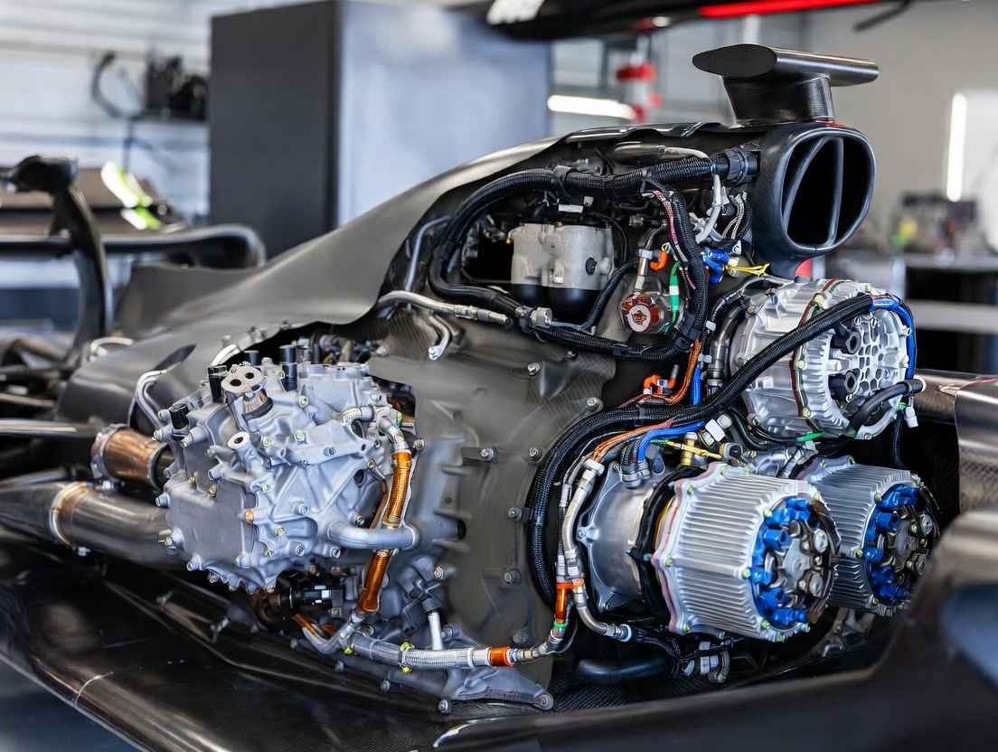"2026 F1 power unit hybrid engine inside chassis – 50/50 ICE-electric split, advanced MGU-K, sustainable fuel tech, and no MGU-H for the new regulations"
