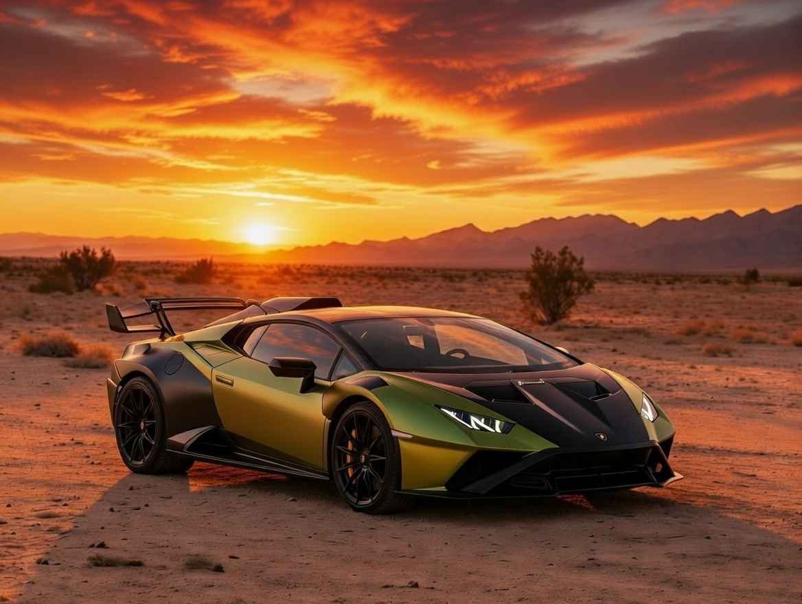 Lamborghini Huracán STO raw power one of top 5 best racing cars in Nevada United States 2025 fiery sunset desert