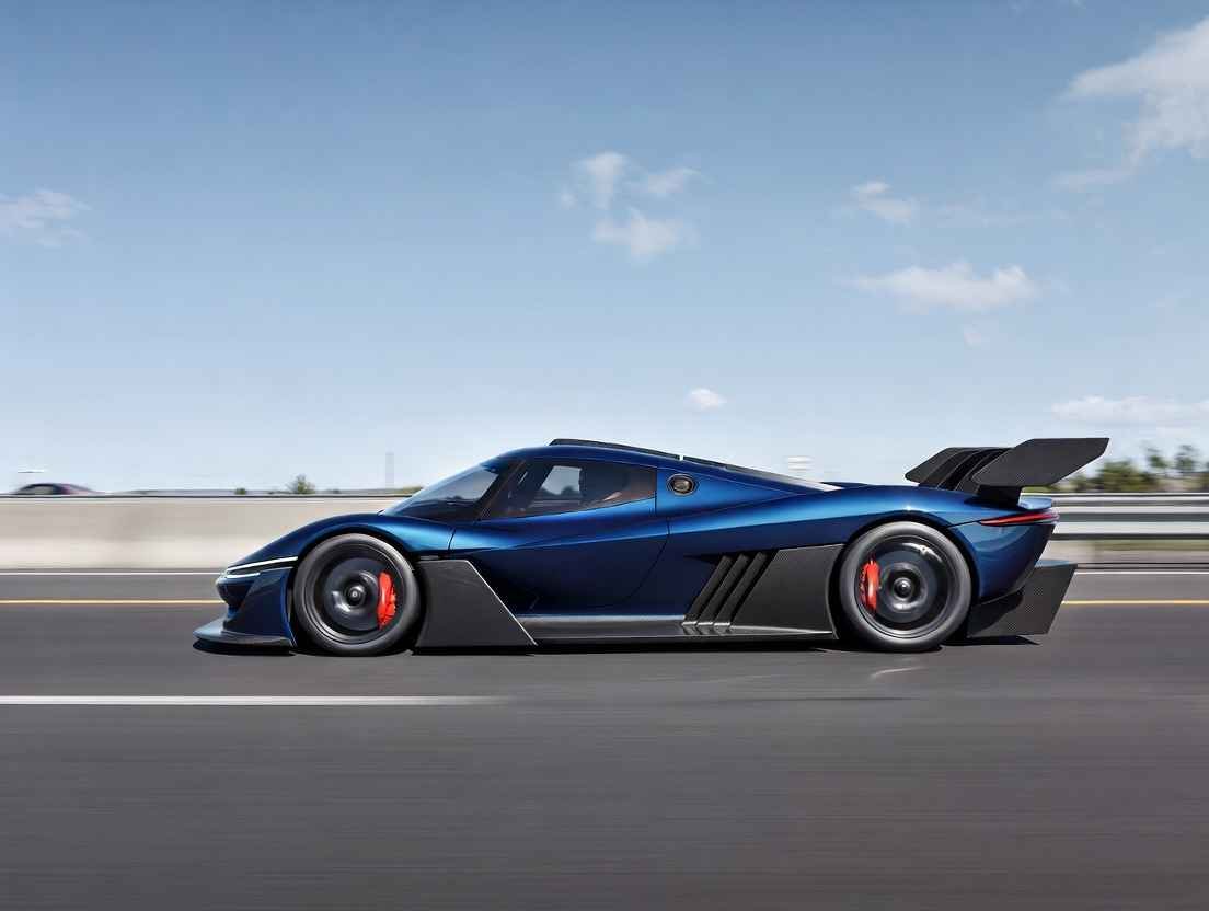 Lucid Air Sapphire blue hyper-EV side view driving fast on US freeway bridge, 2026 model