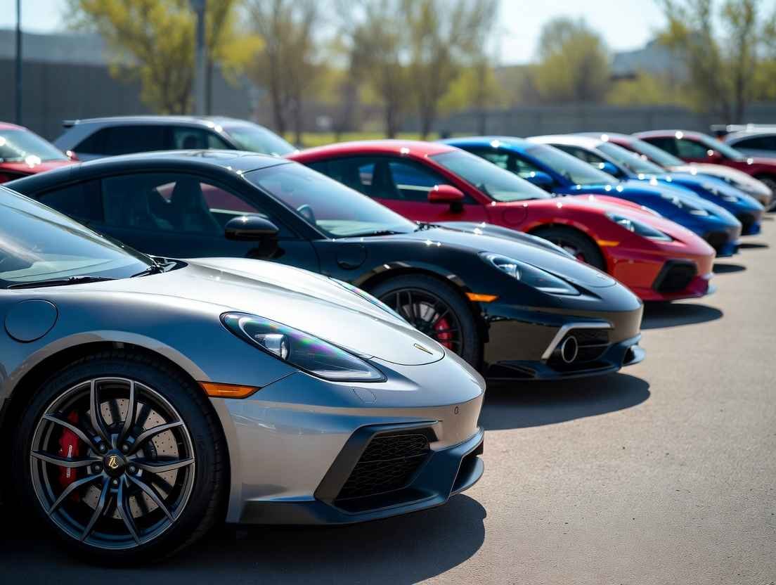 Row of colorful 2026 sports cars in USA dealership parking lot – Porsche, McLaren, Ferrari and others under sunny sky