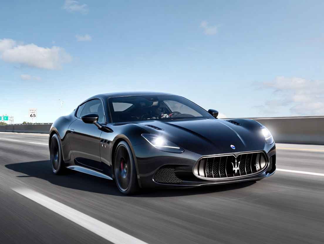Maserati GranTurismo Folgore black electric GT high-performance racing car speeding on US highway 2026