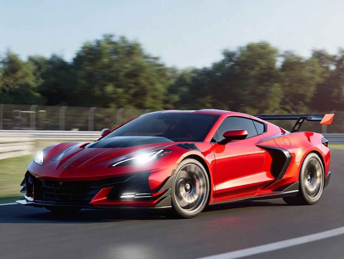 Side view of red 2026 Corvette ZR1 accelerating on racetrack with huge rear wing and black accents