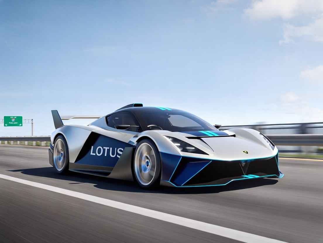 Lotus Emeya silver blue performance electric car side view driving fast on US freeway bridge, 2026 model