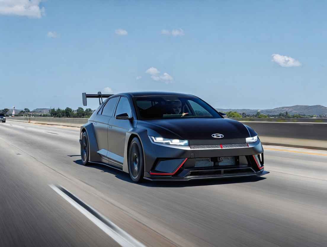 Hyundai Ioniq 5 N matte black high-performance electric racing car accelerating on US highway 2026