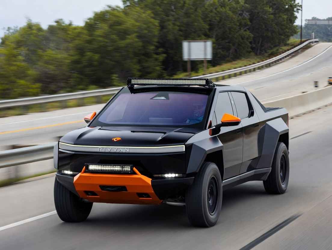 Rivian R1T Performance dark electric pickup driving fast on curved US freeway, 2026 model