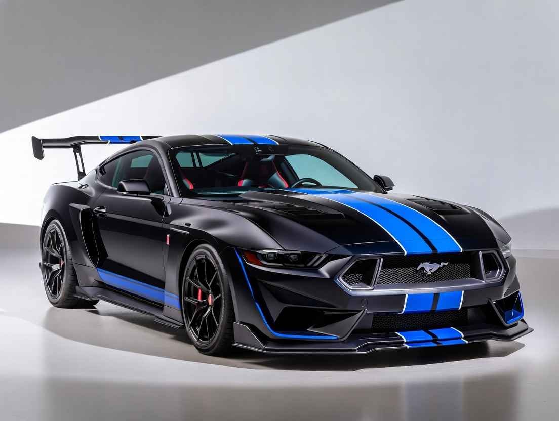 2026 Ford Mustang GTD black edition with bold blue racing stripes, massive rear spoiler, carbon fiber aero kit and aggressive front splitter – 815 HP track-dominating Mustang supercar