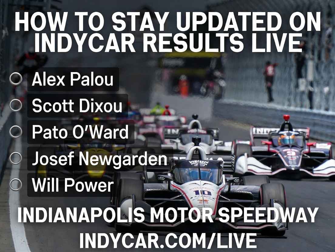 ction-packed NTT IndyCar Series race at Phoenix Raceway in 2026, with cars battling on track and live leaderboard showing Alex Palou leading the championship standings for real-time results updates.