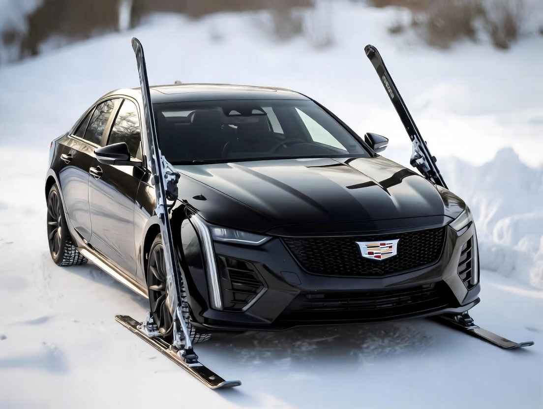 Cadillac CT4-V Blackwing black 4 door sports car front three-quarter view, best 4 door sports cars with twin-turbo V6 power and sharp styling for 2025-2026