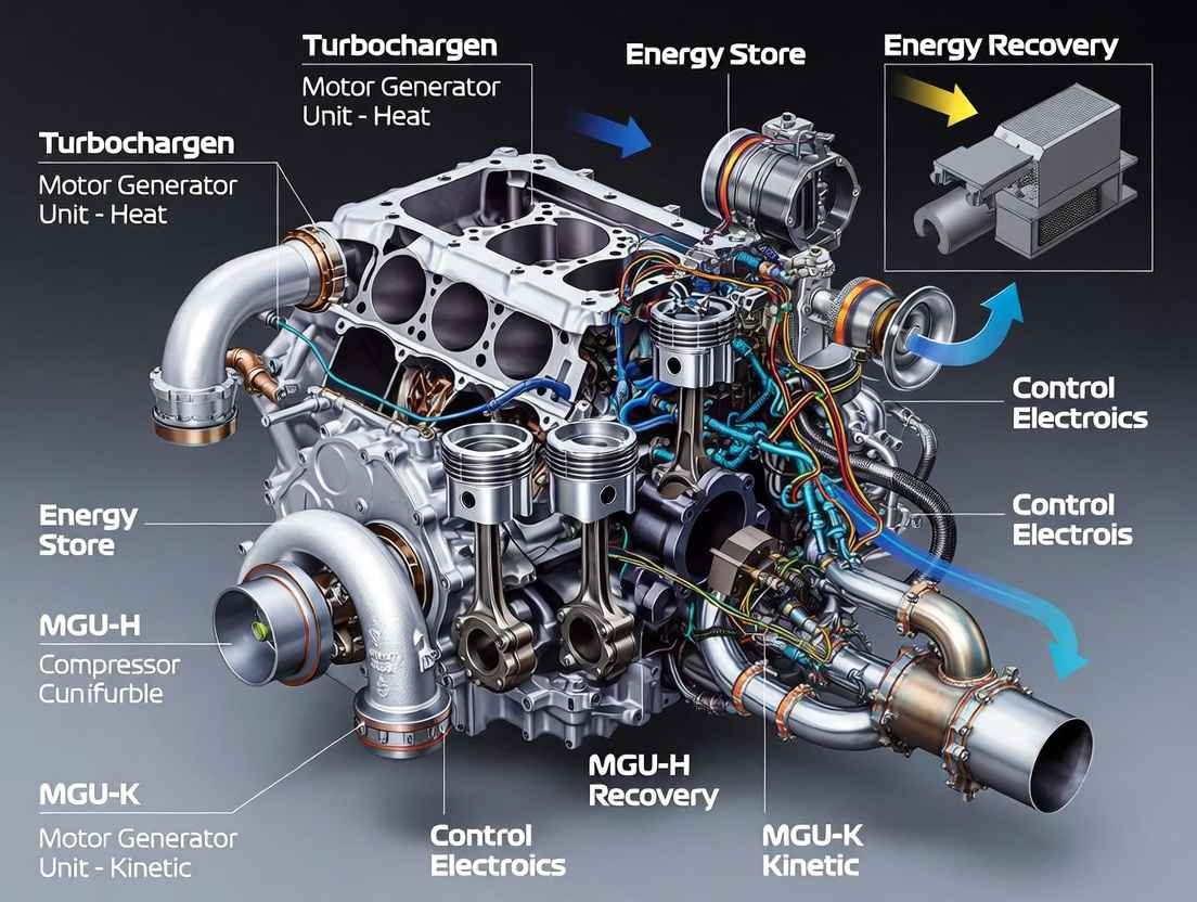 Detailed cutaway of the F1 racing car engine 2026: 1.6L V6 turbo hybrid power unit with MGU-K, turbocharger, and sustainable fuel tech.