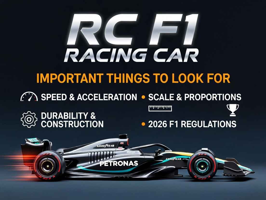 mportant things to look for in an RC F1 racing car: Infographic highlighting speed, durability, scale, power system, and key features for remote control Formula 1 models in 2026.