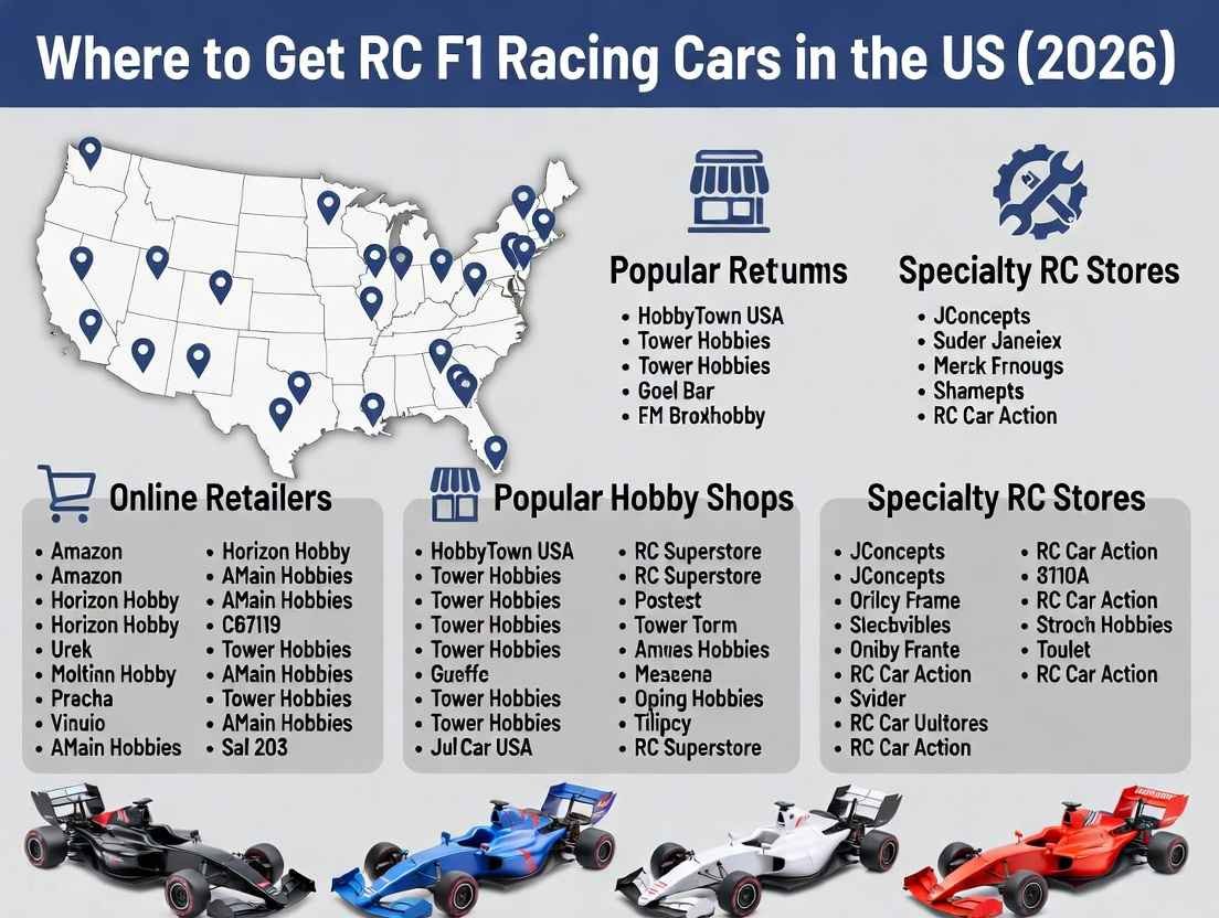 US retailers for RC F1 racing cars 2026: Logos of Amazon, HobbyTown, AMain Hobbies, Tower Hobbies, and featured remote control F1 models.