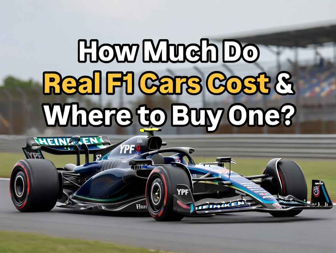 Real Formula 1 car for sale in 2026: modern hybrid F1 racer on track with text overlay showing prices, auctions and buying guide for USA collectors