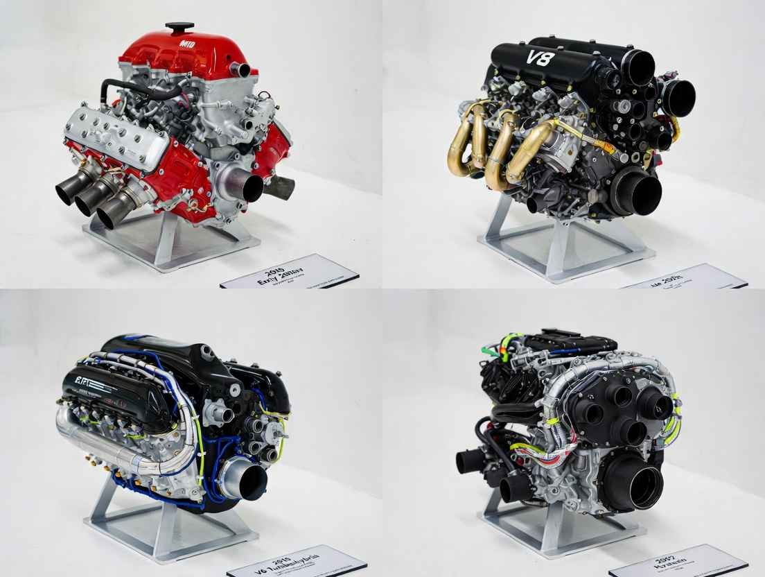 Side-by-side comparison of F1 racing car engine evolution: V10, V8, turbo, and modern hybrid power units from 2010s to 2026, showing design changes over time.