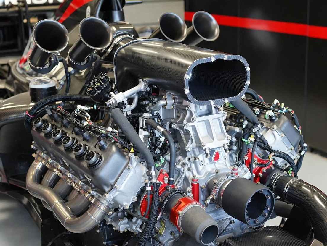 Close-up of the F1 racing car engine power unit basics: 1.6L V6 turbo hybrid with exhausts, turbocharger, MGU-K components, and carbon fiber detailing in 2026 Formula 1 season.