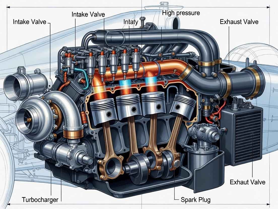 Diagram showing how the F1 racing car engine generates massive power: turbocharging, high-RPM combustion, MGU-H exhaust recovery, MGU-K braking energy, and hybrid boost in 2026 Formula 1 power unit.